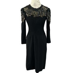 Vintage 80s Toula black gold sequined beaded long sleeve knit sweater dress